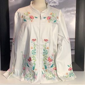 NWT Quacker Factory Sz 3X White Floral Embroidered Embellished Zip Cotton Jacket